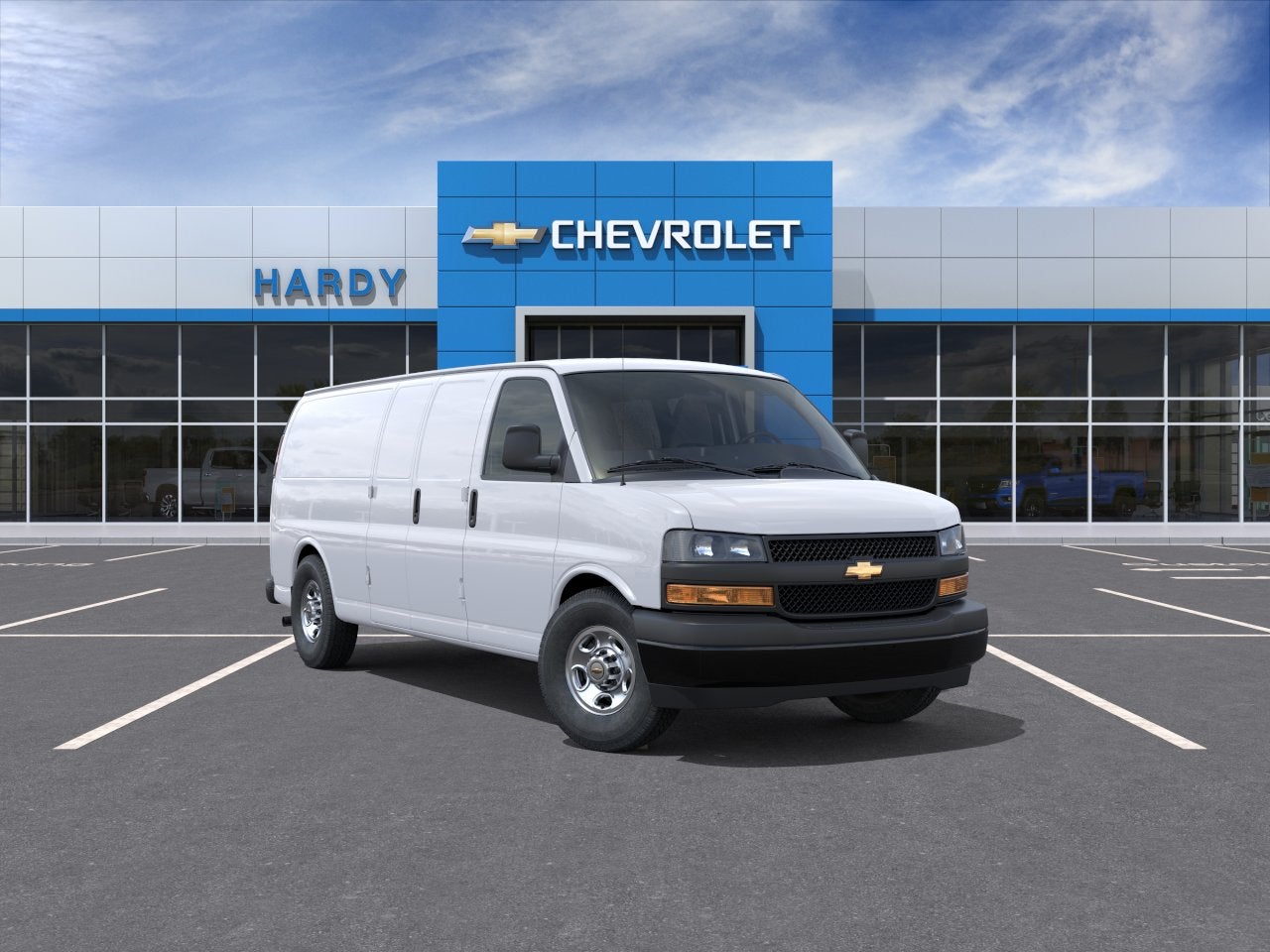 2026 Chevrolet Express Cargo 2500 Extended Wheelbase, WT, RWD in Summit White — front three-quarter view