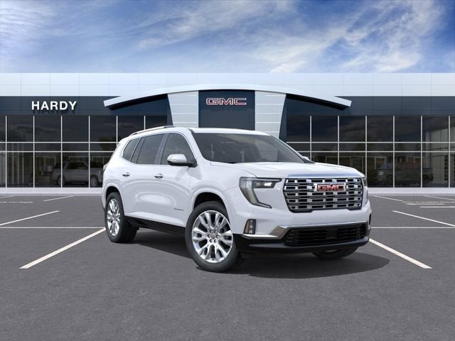 2026 GMC Acadia Denali in Glacier White Tricoat — front three-quarter view